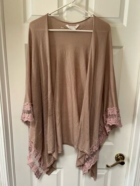 LC Lauren Conrad Taupe Open Front Cardigan with Pink Lace Trim